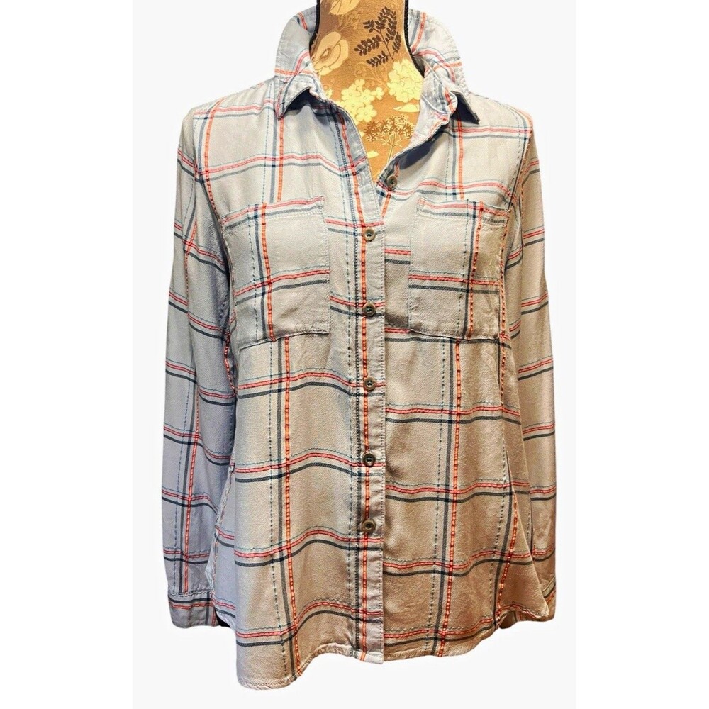 Anthropologie Precious Materials Women's Plaid Button Up Shirt Small Blue